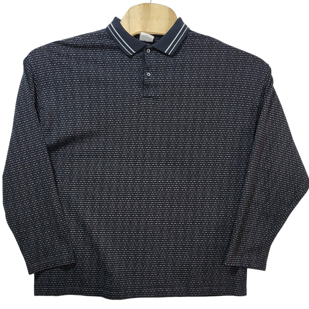 Vintage Le Tigre Hot Jazz Mens Navy Blue Dash Pattern Long‎ Sleeve Polo Shirt L
